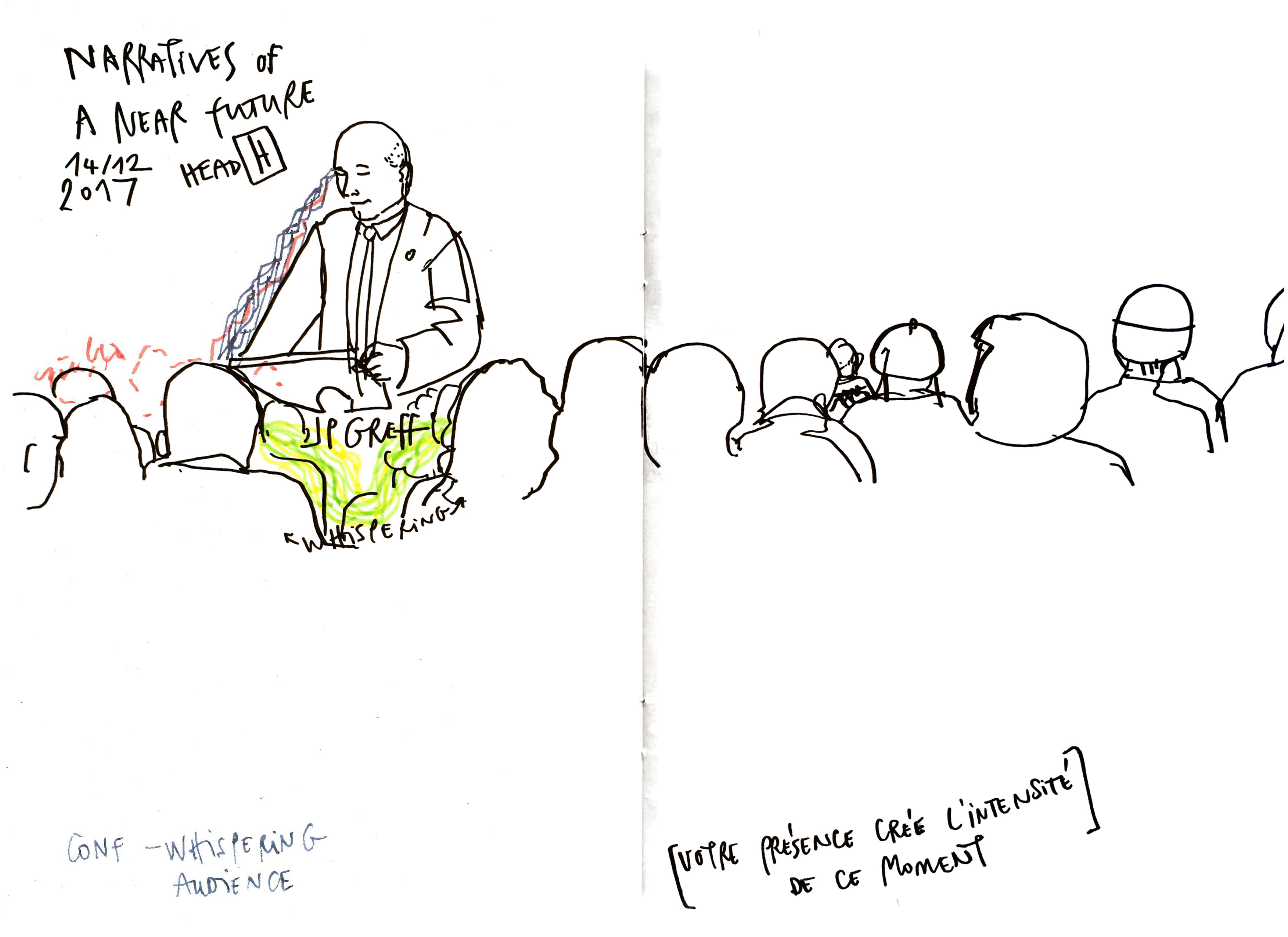 Drawing of a speaker and his audience at the conference with lines of attention